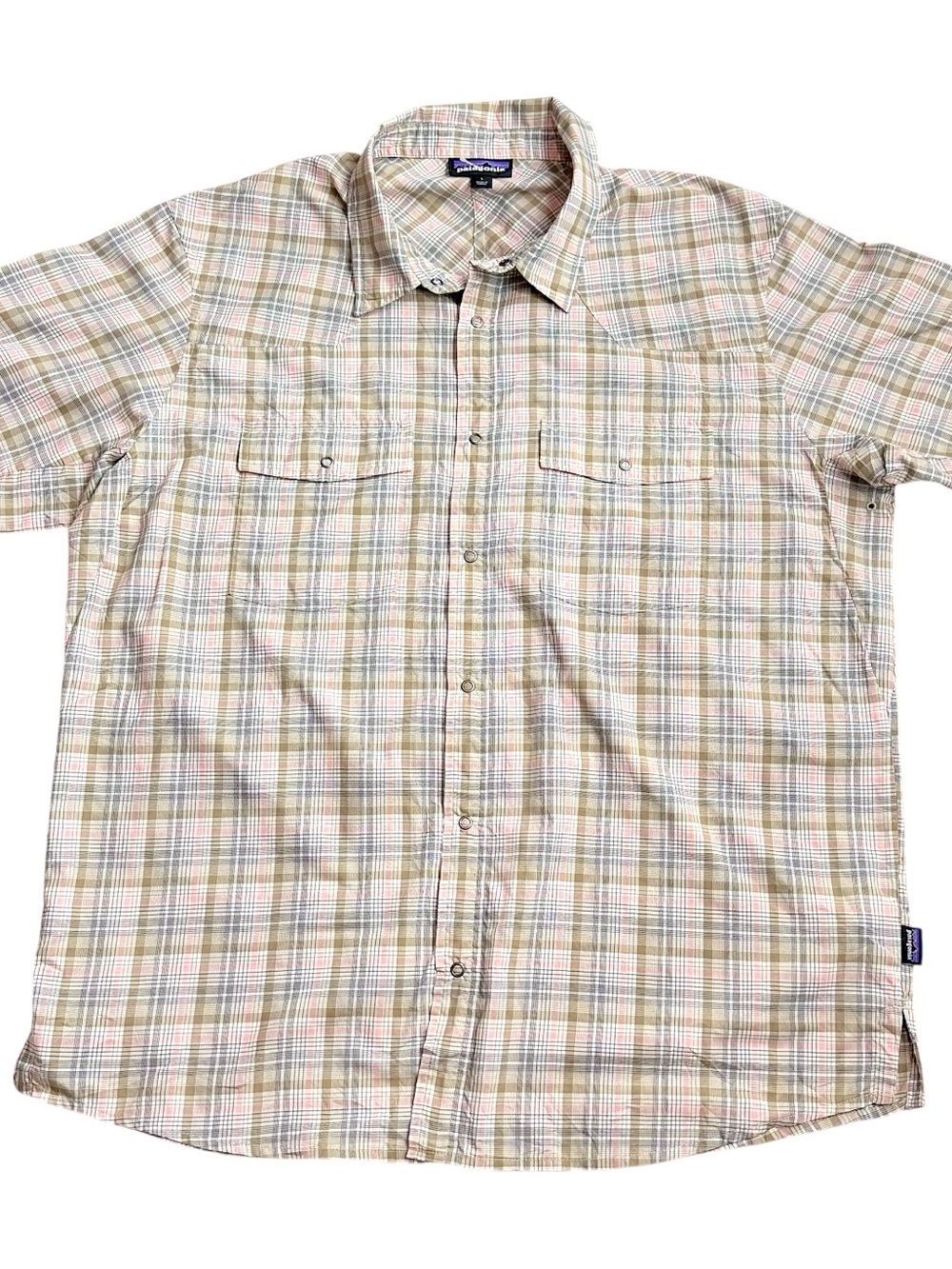 Patagonia Mens L Plaid Fishing Hiking Shirt Short Sleeve Snap Button Polyester